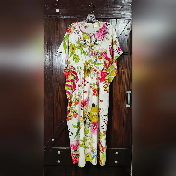 La Cera Colorful Floral Kaftan Mu Mu Dress One Size Fits Most Cover Up - Picture 4 of 7